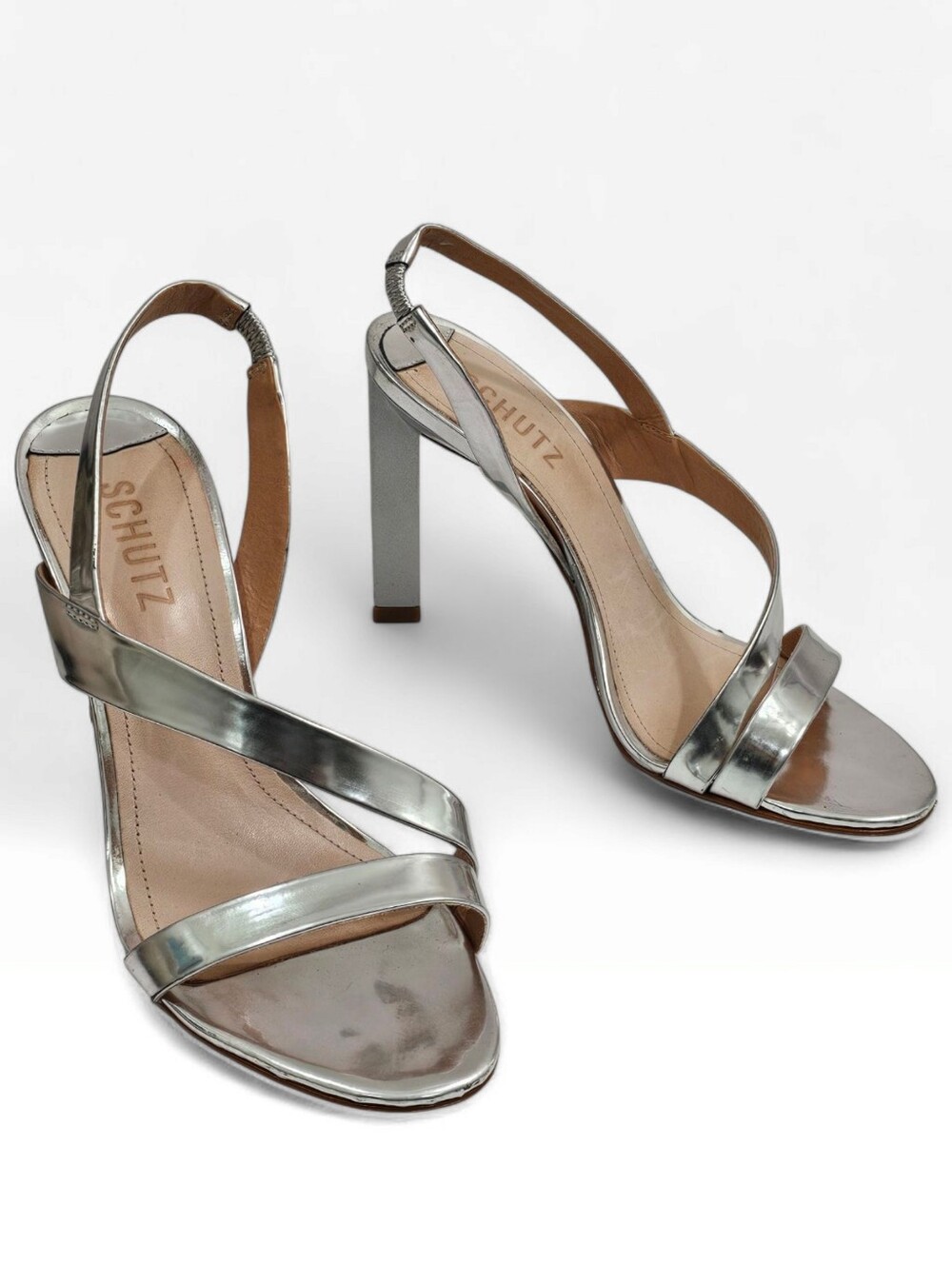 SCHUTZ Kelly Metallic Silver Strappy Leather Open Toe Slingback Sandals Heels 8B